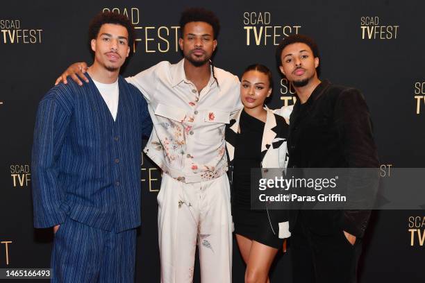 Marcus Scribner, Trevor Jackson, Daniella Perkins and Diggy Simmons attend the “grown-ish” press junket during the 2023 SCAD TVfest at Four Seasons...