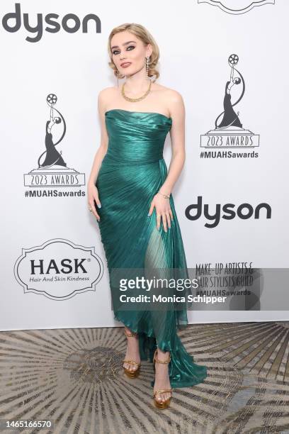 Meg Donnelly attends the 10th Annual Make-Up Artists & Hair Stylists Guild Awards at The Beverly Hilton on February 11, 2023 in Beverly Hills,...
