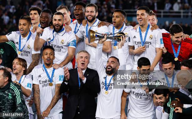 Players of Real Madrid celebrate after winning the FIFA Club World Cup Morocco 2022 Final match between TBC v TBC at Prince Moulay Abdellah on...