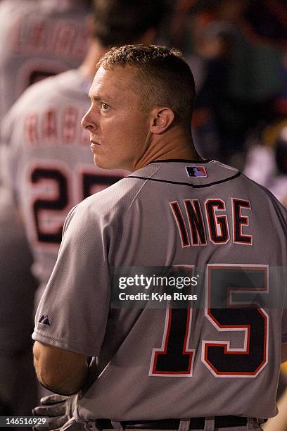 Brandon Inge of the Detroit Tigers is seen in the dugout during the game against the Kansas City Royals on Wednesday, April 18, 2012 at Kauffman...