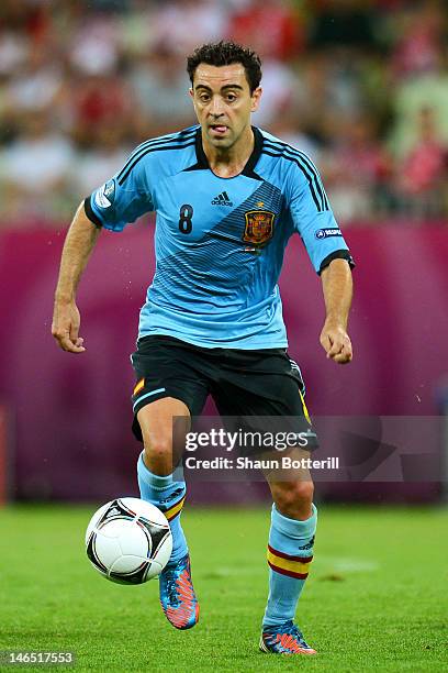 Xavi of Spain in action during the UEFA EURO 2012 group C match between Croatia and Spain at The Municipal Stadium on June 18, 2012 in Gdansk, Poland.