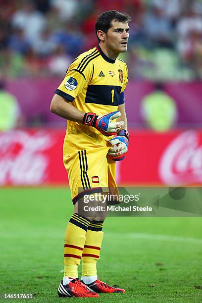 Iker Casillas of Spain looks on during the UEFA EURO 2012 group C match between Croatia and Spain at The Municipal Stadium on June 18, 2012 in...