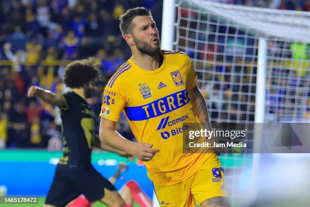 Andre-Pierre Gignac of Tigres celebrates after scoring the team's fourth goal during the 6th round match between Tigres UANL and Pumas UNAM as part...