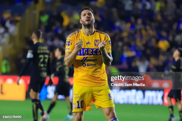 Andre-Pierre Gignac of Tigres celebrates after scoring the team's fourth goal during the 6th round match between Tigres UANL and Pumas UNAM as part...