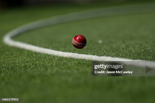 Detail of a cricket ball during the Sheffield Shield match between New South Wales and Tasmania at Sydney Cricket Ground on February 12, 2023 in...