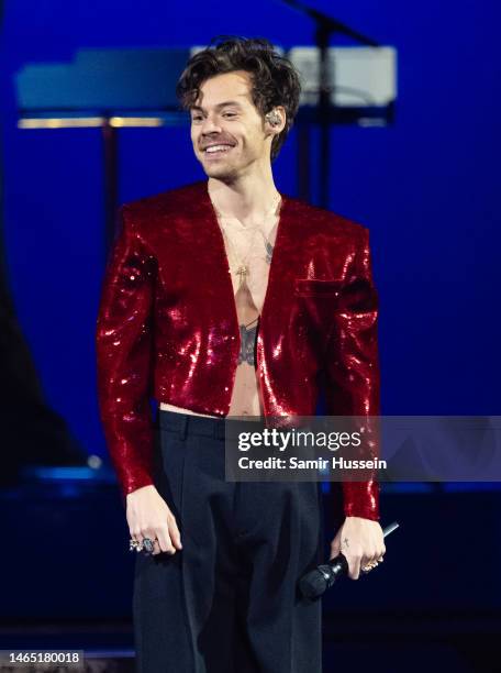 Harry Styles performs live on stage during The BRIT Awards 2023 at The O2 Arena on February 11, 2023 in London, England.