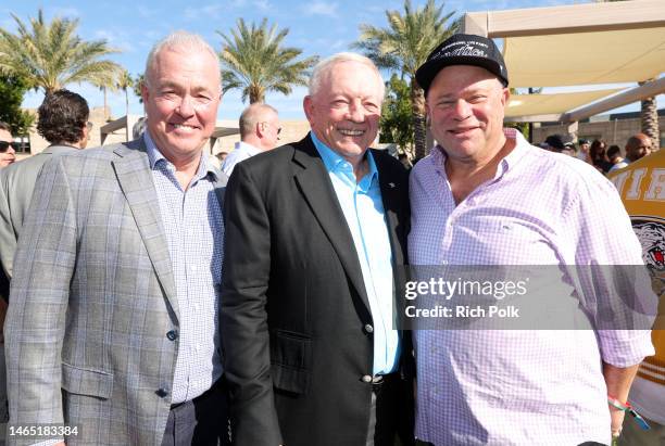 Stephen Jones, Jerry Jones, and David Tepper attend Michael Rubin's 2023 Fanatics Super Bowl Party at the Arizona Biltmore on February 11, 2023 in...