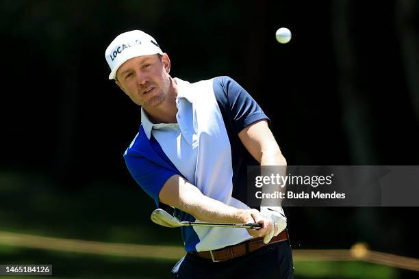 Jonas Blixt of Sweden plays a shot on the 3th hole during the third round of the Astara Golf Championship presented by Mastercard at Country Club de...