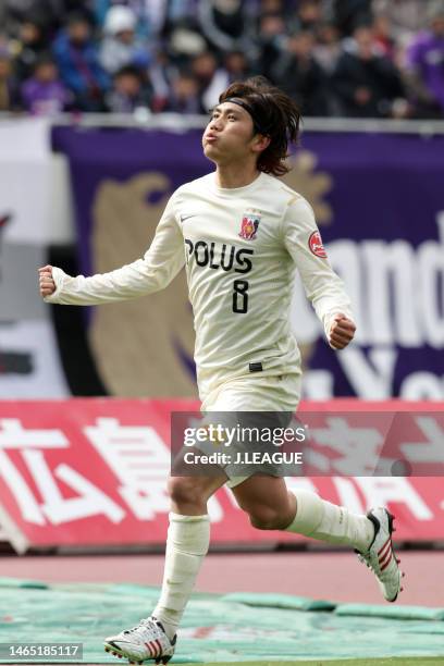 Yosuke Kashiwagi of Sanfrecce Hiroshima celebrates after scoring the team's first goal during the J.League J1 match between Sanfrecce Hiroshima and...