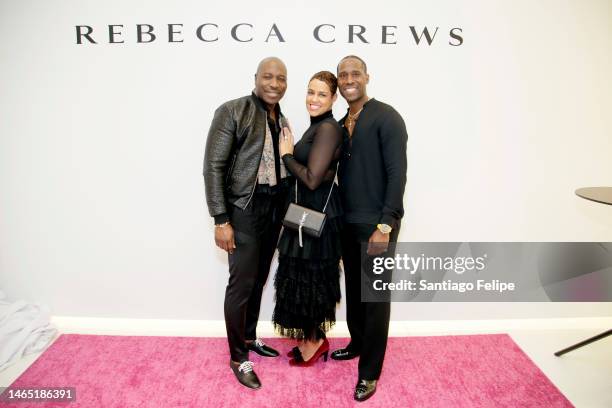 Jason Lewis, Erica Lewis and Nana Boateng attend the Rebecca Crews Fashion Show at Bernhardt Gallery on February 11, 2023 in New York City.