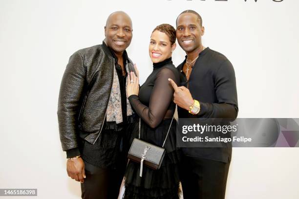 Jason Lewis, Erica Lewis and Nana Boateng attend the Rebecca Crews Fashion Show at Bernhardt Gallery on February 11, 2023 in New York City.