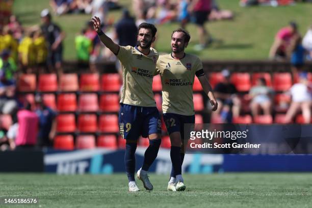 Beka Mikeltadze of the Jets of the Jets celebrates his goal wit Angus Thurgate of the Jets during the round 16 A-League Men's match between Newcastle...
