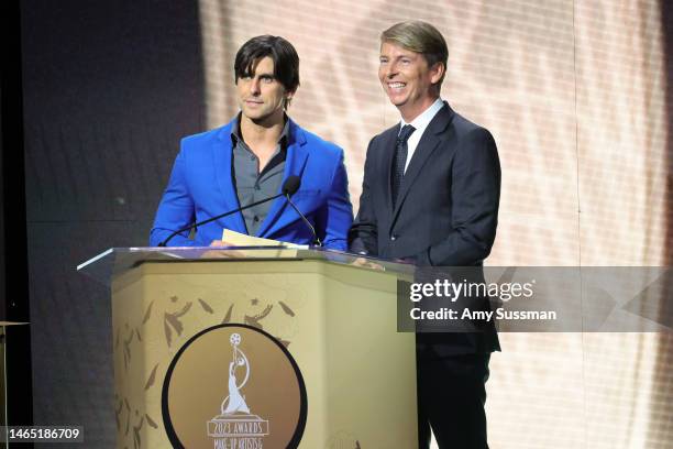 Cooper Barnes and Jack McBrayer speak onstage during the 10th Annual Make-Up Artists & Hair Stylists Guild Awards at The Beverly Hilton on February...