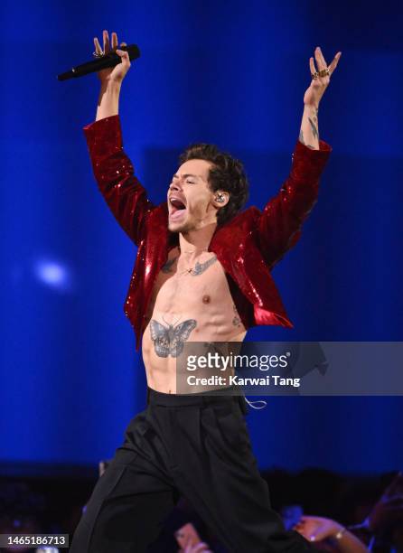 Harry Styles performs live on stage during The BRIT Awards 2023 at The O2 Arena on February 11, 2023 in London, England.