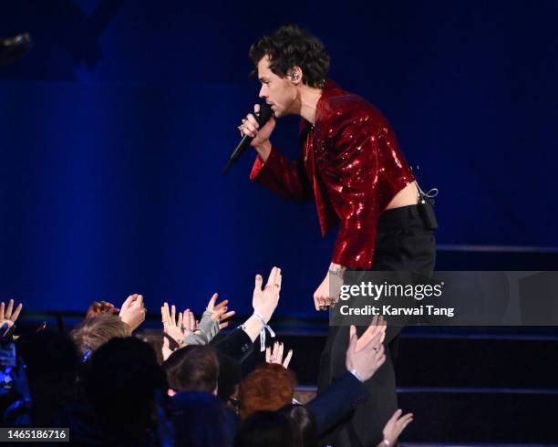 Harry Styles performs live on stage during The BRIT Awards 2023 at The O2 Arena on February 11, 2023 in London, England.