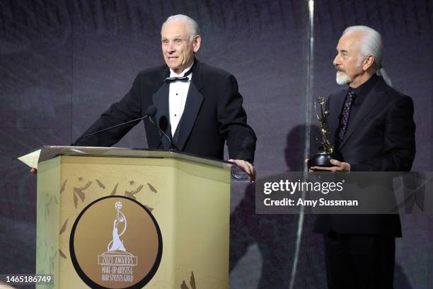 Steve LaPorte accepts the Lifetime Achievement Award onstage from Rick Baker during the 10th Annual Make-Up Artists & Hair Stylists Guild Awards at...