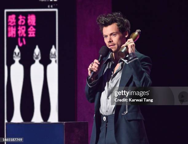 Harry Styles accepts the award for Artist of the Year on stage during The BRIT Awards 2023 at The O2 Arena on February 11, 2023 in London, England.