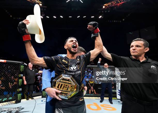 Yair Rodriguez of Mexico reacts after his submission victory over Josh Emmett in the UFC interim featherweight championship fight during the UFC 284...