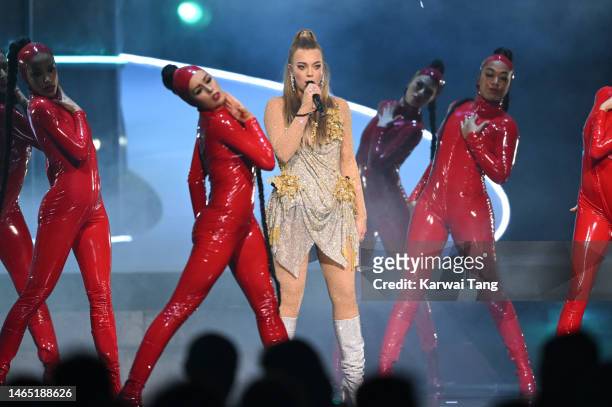 Becky Hill performs on stage during The BRIT Awards 2023 at The O2 Arena on February 11, 2023 in London, England.