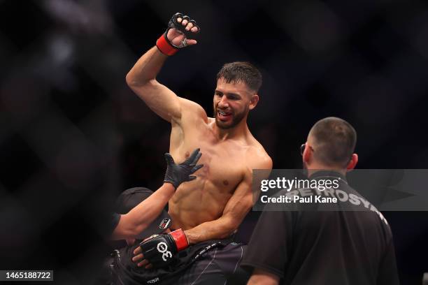 Yair Rodriguez of Mexico reacts after his submission victory over Josh Emmett of the United States in the UFC interim featherweight championship...