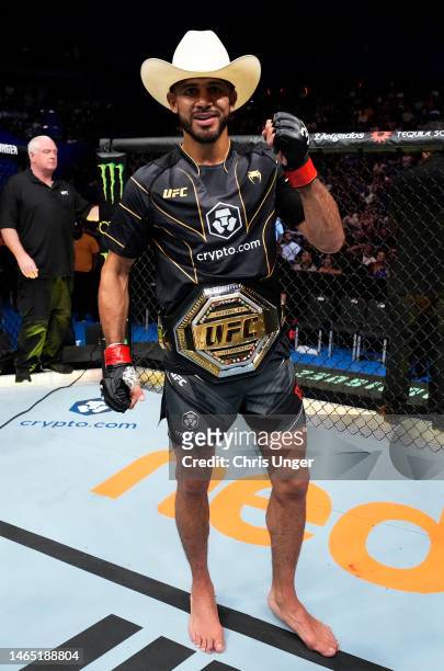 Yair Rodriguez of Mexico reacts after his submission victory over Josh Emmett in the UFC interim featherweight championship fight during the UFC 284...