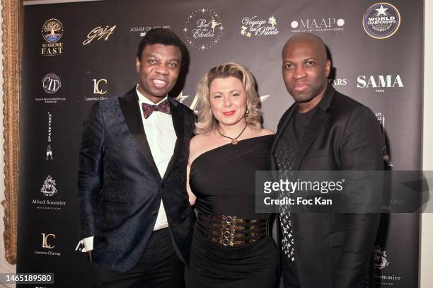 Jean Barthelemy Bokassa, Cindy Lopes and Yannick attend Bal des Etoiles at hotel Alfred Sommier on February 11, 2023 in Paris, France.