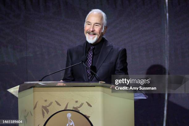 Rick Baker speaks onstage during the 10th Annual Make-Up Artists & Hair Stylists Guild Awards at The Beverly Hilton on February 11, 2023 in Beverly...
