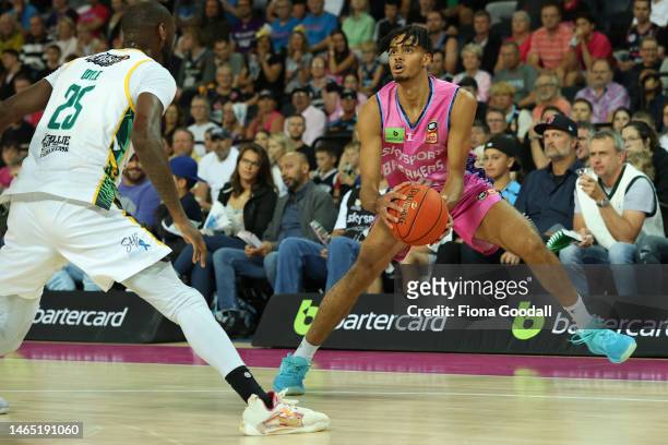 Rupert Ryan of the Breakers looks to pass during the game one of the NBL Semi Final series between New Zealand Breakers and Tasmania Jackjumpers at...