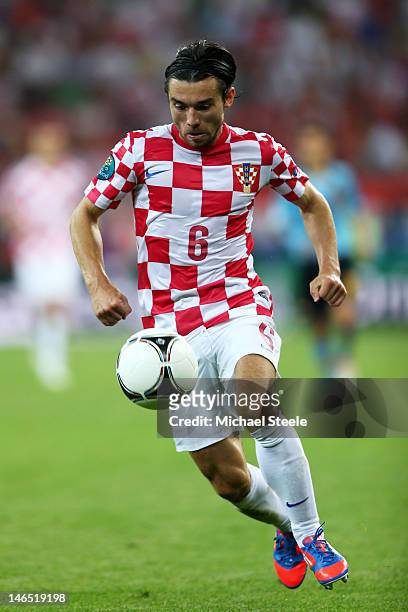 Danijel Pranjic of Croatia on the ball during the UEFA EURO 2012 group C match between Croatia and Spain at The Municipal Stadium on June 18, 2012 in...