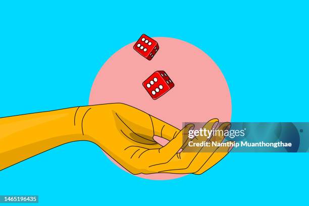 the choice without people illustration concept shows closed up hand that throwing the dices for selecting the way that he cannot chose on the blue background. - kansspel stockfoto's en -beelden