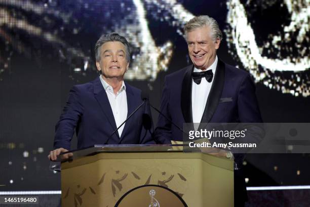 Peter Gallagher and Christopher McDonald speak onstage during the 10th Annual Make-Up Artists & Hair Stylists Guild Awards at The Beverly Hilton on...