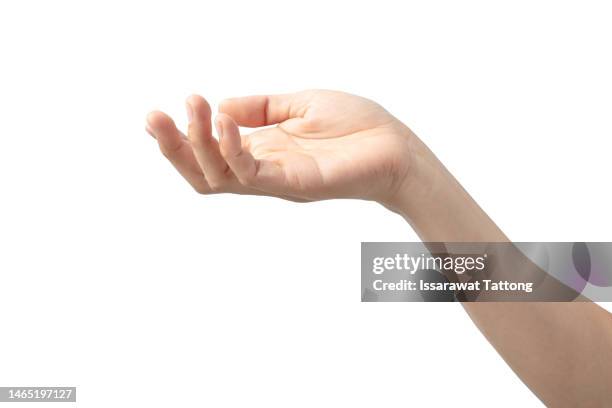 hand open and ready to help or receive. gesture isolated on white background with clipping path. helping hand outstretched for salvation. - mano abierta fotografías e imágenes de stock