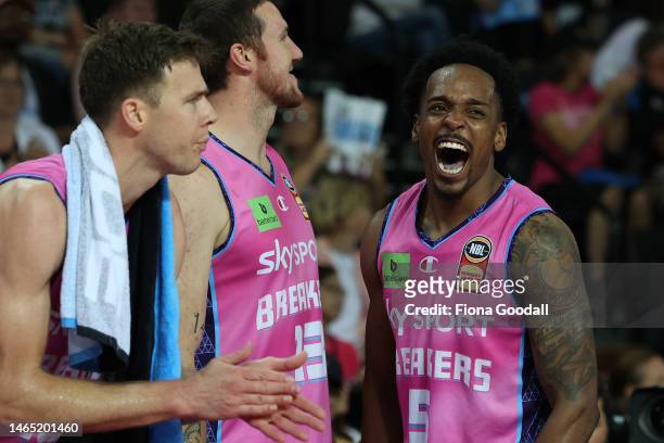 Barry Brown Jnr of the Breakers reacts during the game one of the NBL Semi Final series between New Zealand Breakers and Tasmania Jackjumpers at...