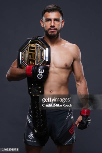 Yair Rodriguez of Mexico poses for a portrait after his victory during the UFC 284 event at RAC Arena on February 12, 2023 in Perth, Australia.