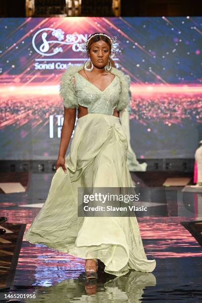 Model walks the runway wearing Sonal Couture during NYFW hiTechMODA Season 9 at Gotham Hall on February 11, 2023 in New York City.