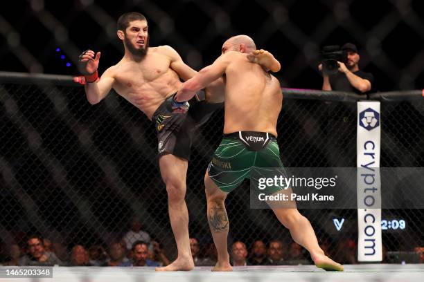 Islam Makhachev of Russia battles Alex Volkanovski of Australia in the UFC lightweight championship fight during UFC 284 at RAC Arena on February 12,...