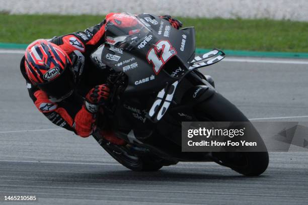 Maverick Vinales of Spain and Aprillia Racing rides during the Sepang MotoGP Official Test at Sepang International Circuit on February 12, 2023 in...