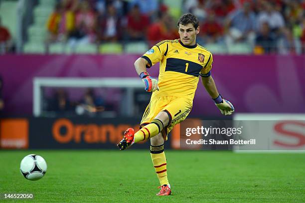 Iker Casillas of Spain in action during the UEFA EURO 2012 group C match between Croatia and Spain at The Municipal Stadium on June 18, 2012 in...