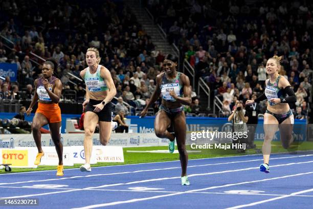 Daryll Neita of Great Britain , Alexandra Burghardt and Gina Gina Lückenkemper of Germany compete in Final of Women's 60 Metres during the ISTAF...