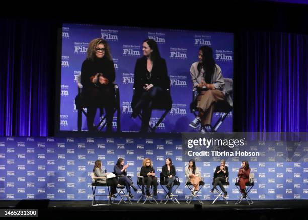 Claudia Puig, Anne Alvergue, Ruth Carter, Hannah Minghella, Domee Shi, Gwendolyn Yates Whittle and Mary Zophres attend the Women's Panel during the...