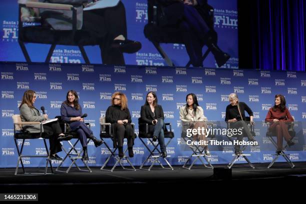 Claudia Puig, Anne Alvergue, Ruth Carter, Hannah Minghella, Domee Shi, Gwendolyn Yates Whittle and Mary Zophres attend the Women's Panel during the...