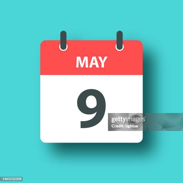 ilustrações, clipart, desenhos animados e ícones de 9 de maio - ícone do calendário diário no fundo verde azul com sombra - day 9