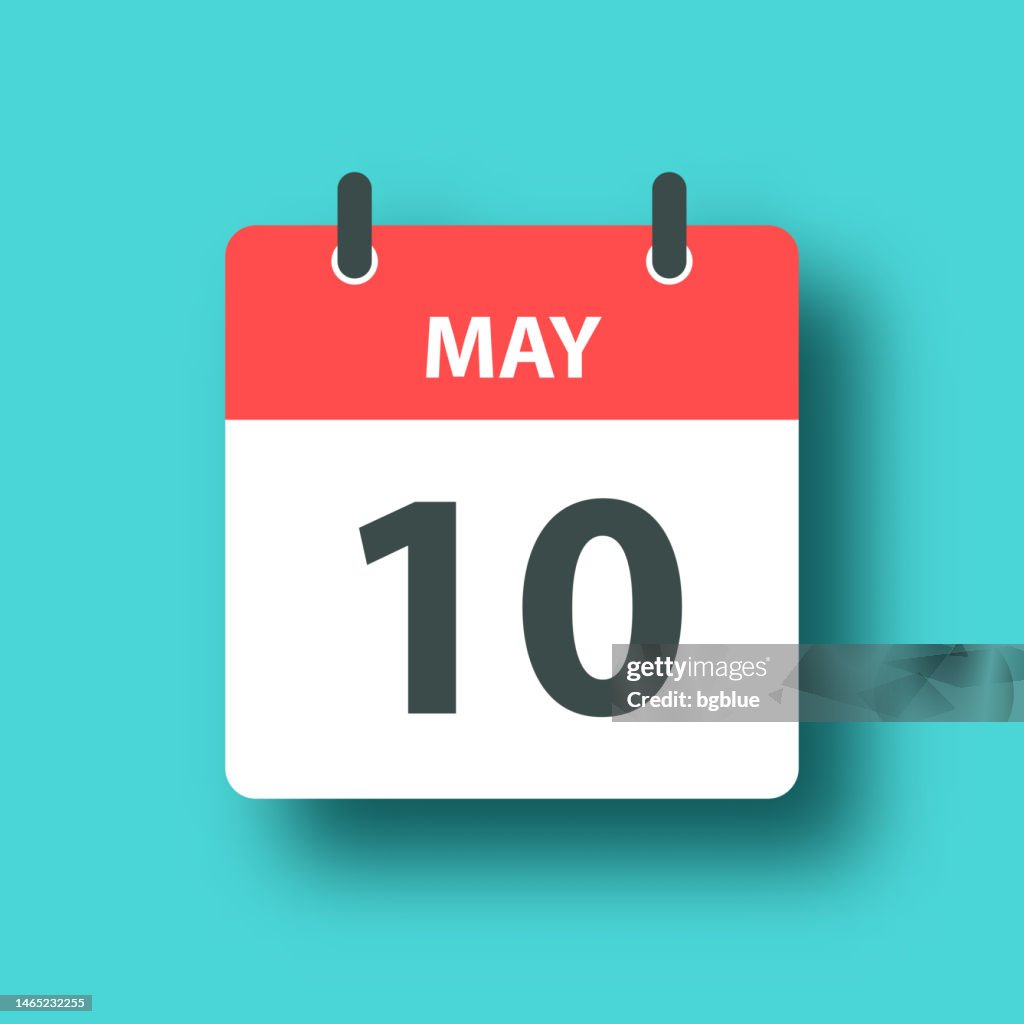 10. Mai - Tageskalendersymbol auf blaugrünem Hintergrund mit Schatten