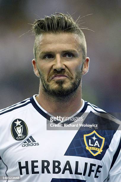 David Beckham of the Los Angeles Galaxy during the MLS match against the Montreal Impact at the Olympic Stadium on May 12, 2012 in Montreal, Quebec,...