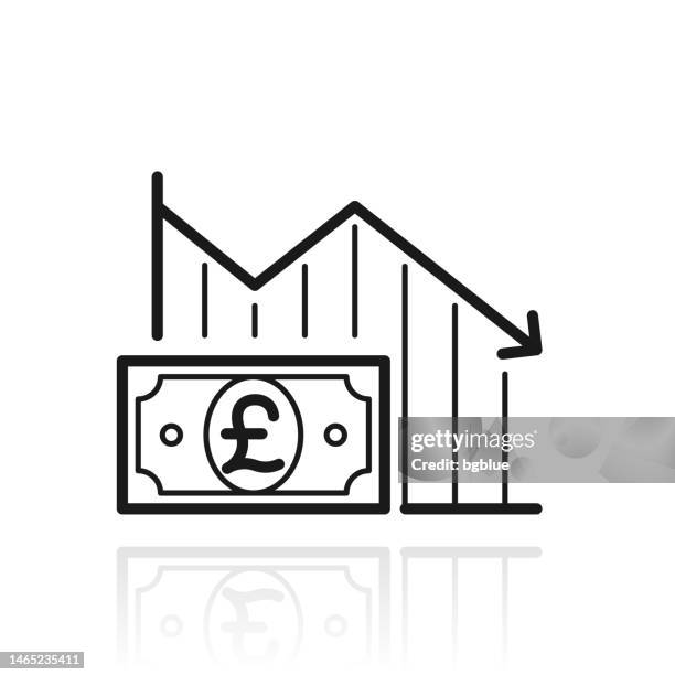 declining graph with pound banknote. icon with reflection on white background - pound notes falling stock illustrations
