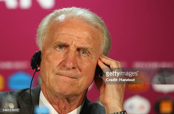 In this handout image provided by UEFA, Giovanni Trapattoni of Ireland talks to the media during a UEFA EURO 2012 press conference after the UEFA...
