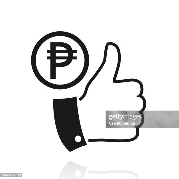 peso coin with thumbs up. icon with reflection on white background - black thumbs up white background stock illustrations