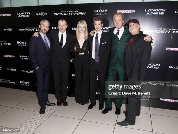 Producer Matt Tolmach, director Marc Webb, actors Emma Stone, Andrew Garfield, Rhys Ifans, and producer Avi Arad arrive at the UK Premiere of 'The...