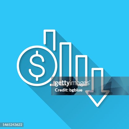 Dollar rate decrease. Icon on blue background - Flat Design with Long Shadow Dollar rate decrease. Icon on blue background - Flat Design with Long Shadow