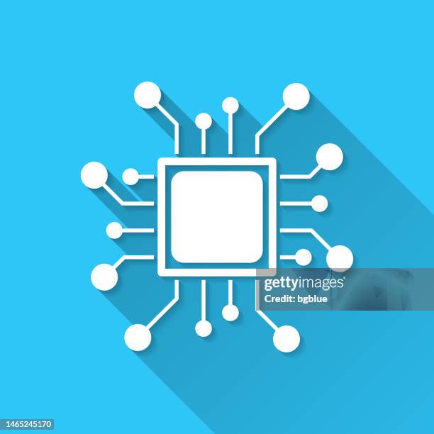 processor. icon on blue background - flat design with long shadow - quantum chip stock illustrations